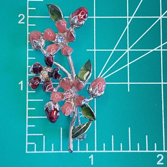 LC Flower Brooch Colorful Enamel And Rhinestones On Silver Tone Stem - Picture 10 of 11